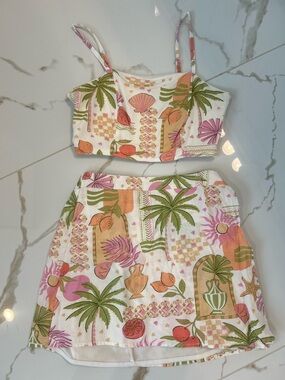 Tropical Print Two-Piece Crop Top & Skirt Set - White with Green, Pink & Orange